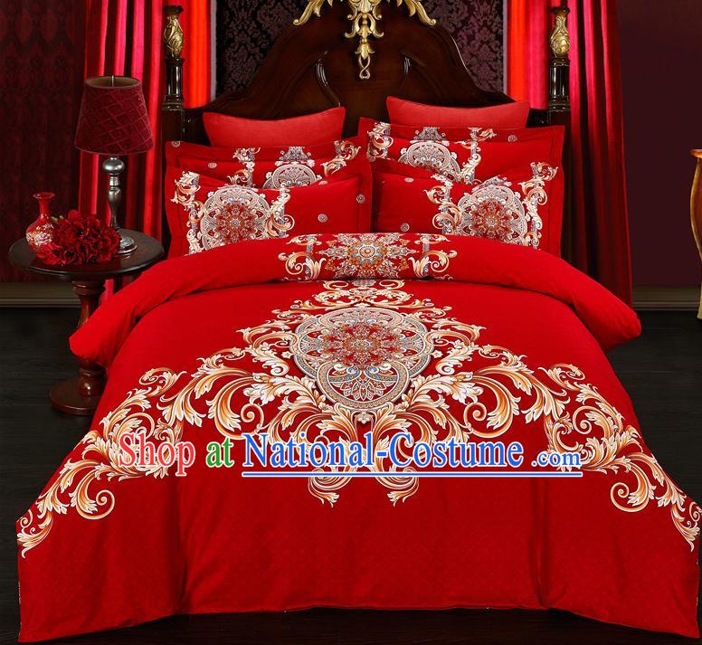 Traditional Chinese Style Wedding Bedding Set, China National Printing Red Textile Bedding Sheet Quilt Cover Complete Set