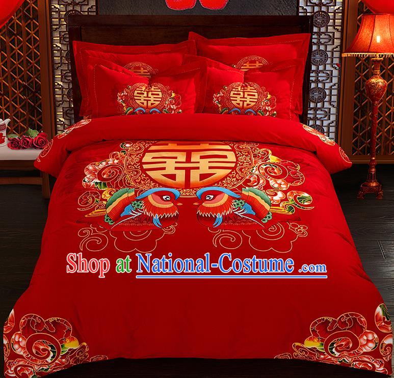 Traditional Chinese Style Wedding Bedding Set, China National Printing Mandarin Duck Red Textile Bedding Sheet Quilt Cover Complete Set