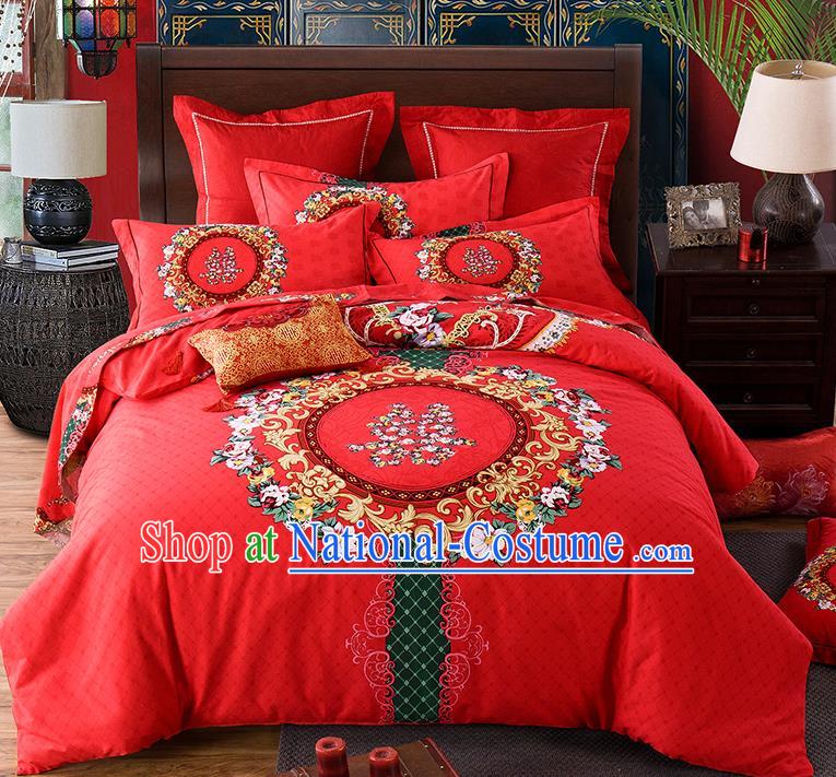 Traditional Chinese Style Wedding Bedding Set, China National Printing Red Textile Bedding Sheet Quilt Cover Complete Set