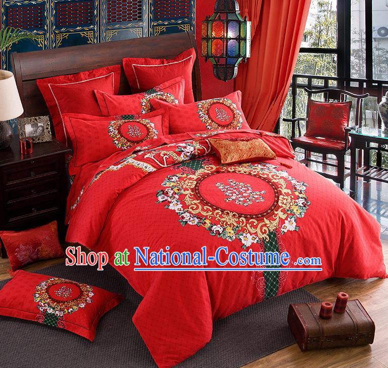 Traditional Chinese Style Wedding Bedding Article Embroidery Dragon and Phoenix Sheet and Duvet Cover Red Textile Bedding Suit