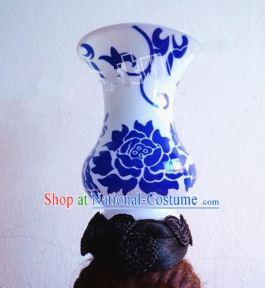 Asian Traditional Blue and White Porcelain Headpieces Model Show Headdress Ceremonial Occasions Handmade Hair Accessories