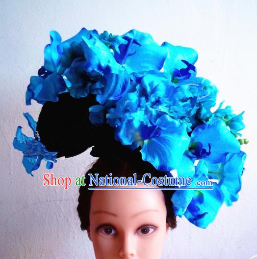 Asian Traditional China Blue Flowers Headpiece and Wig Model Show Headdress Ceremonial Occasions Handmade Hair Accessories