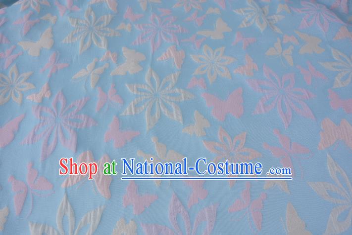 Chinese Traditional Costume Royal Palace Printing Butterfly Blue Brocade Fabric, Chinese Ancient Clothing Drapery Hanfu Cheongsam Material