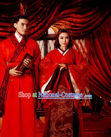 Traditional Ancient Chinese Imperial Emperess and Emperor Costume Complete Set, Chinese Han Dynasty Bride and Bridegroom Wedding Red Dress, Chinese Emperess Emperor Trailing Clothing for Women for Men