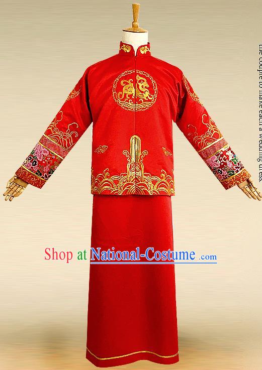 Traditional Ancient Chinese Costume Chinese Style Tang Suit Wedding Red Dress Ancient Long Kylin Flown Mandarin Jacket Groom Toast Clothing for Men