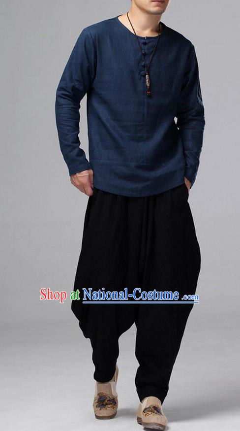 Top Chinese National Tang Suits Flax Frock Costume, Martial Arts Kung Fu Long Sleeve Dark Blue T-shirt, Kung fu Plate Buttons Unlined Upper Garment, Chinese Taichi Shirts Wushu Clothing for Men