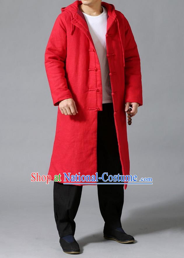 Top Chinese National Tang Suits Flax Frock Costume, Martial Arts Kung Fu Front Opening Red Coats, Kung fu Plate Buttons Unlined Upper Garment Hooded Robes, Chinese Taichi Cotton-Padded Dust Coats Wushu Clothing for Men