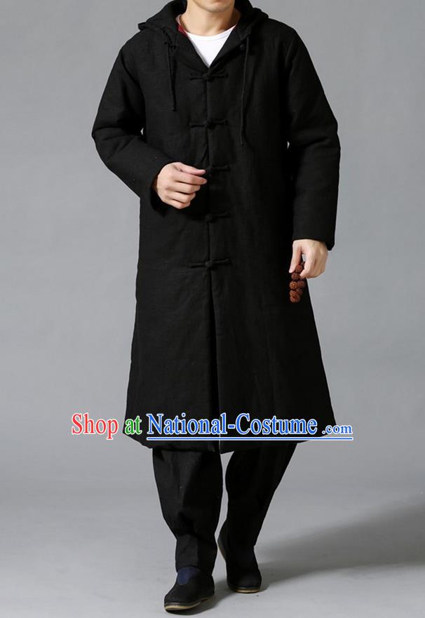 Top Chinese National Tang Suits Flax Frock Costume, Martial Arts Kung Fu Front Opening Black Coats, Kung fu Plate Buttons Unlined Upper Garment Hooded Robes, Chinese Taichi Cotton-Padded Dust Coats Wushu Clothing for Men