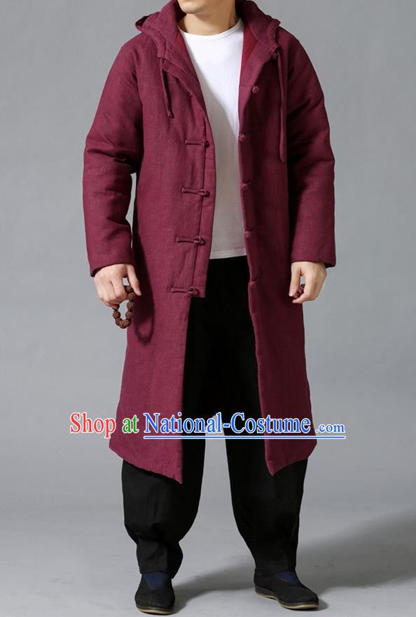 Top Chinese National Tang Suits Flax Frock Costume, Martial Arts Kung Fu Front Opening Fuchsias Coats, Kung fu Plate Buttons Unlined Upper Garment Hooded Robes, Chinese Taichi Cotton-Padded Dust Coats Wushu Clothing for Men