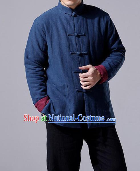 Top Chinese National Tang Suits Flax Frock Costume, Martial Arts Kung Fu Front Opening Dark Blue Jackets, Kung fu Plate Buttons Unlined Upper Garment, Chinese Taichi Cotton-Padded Coats Wushu Clothing for Men