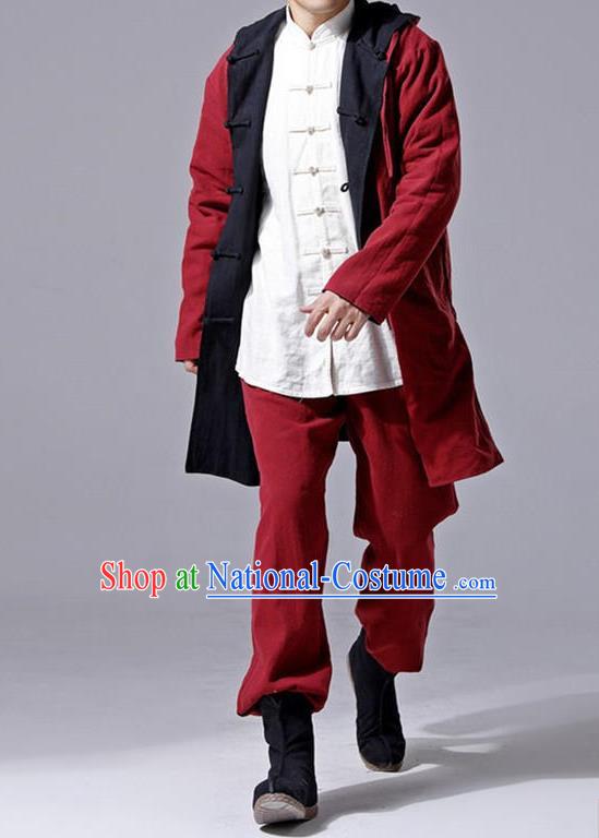 Traditional Top Chinese National Tang Suits Flax Frock Costume, Martial Arts Kung Fu Front Opening Double Color Black Red Coats, Kung fu Plate Buttons Unlined Upper Garment Hooded Robes, Chinese Taichi Double Side Dust Coats Wushu Clothing for Men