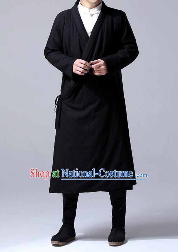 Traditional 	 Top Chinese National Tang Suits Flax Frock Costume, Martial Arts Kung Fu Slant Opening Black Hanfu Long Gown, Kung fu Plate Buttons Unlined Upper Garment Coat, Chinese Taichi Cotton-Padded Robes Wushu Clothing for Men