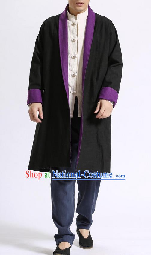 Traditional Top Chinese National Tang Suits Flax Frock Costume, Martial Arts Kung Fu Beige Lapel Double-sided Black-Violet Cardigan, Kung fu Unlined Upper Garment Cloak, Chinese Taichi Dust Coats Wushu Clothing for Men