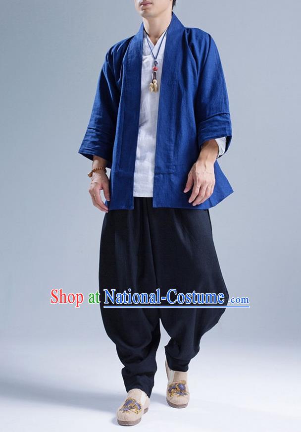 Traditional Top Chinese National Tang Suits Flax Frock Costume, Martial Arts Kung Fu Blue Short Cardigan, Kung fu Unlined Upper Garment Zen Coat, Chinese Taichi Coats Wushu Clothing for Men