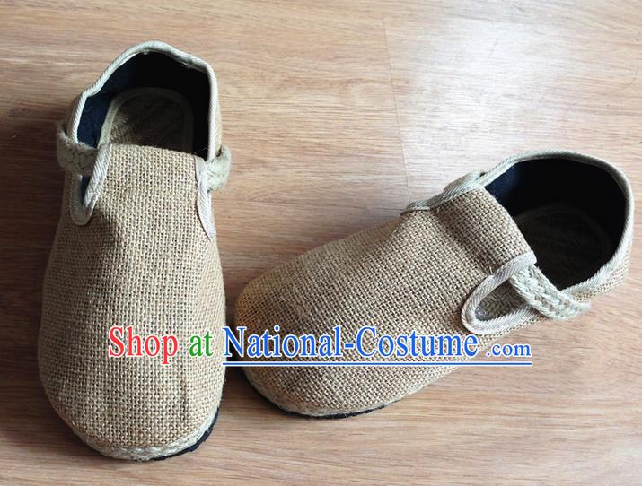 Traditional Top Chinese National Flax Frock Shoes, Martial Arts Kung Fu Straw Plaited Beige Shoes, Kung fu Chinese Taichi Shoes for Men