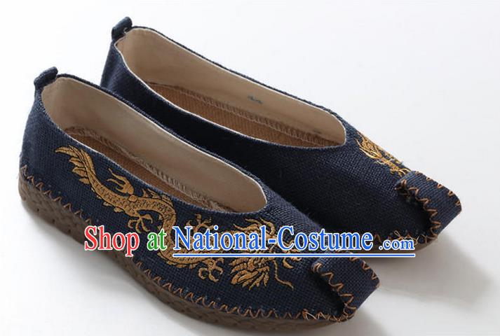 Traditional Top Chinese National Flax Frock Shoes, Martial Arts Kung Fu Embroidered Dragon Blue Cloth Shoes, Kung fu Chinese Taichi Shoes for Men