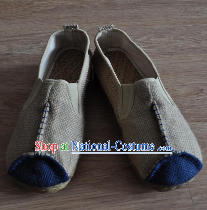 Traditional Top Chinese National Flax Frock Shoes, Martial Arts Kung Fu Rattan Plaited Beige Cloth Shoes, Kung fu Chinese Taichi Shoes for Men