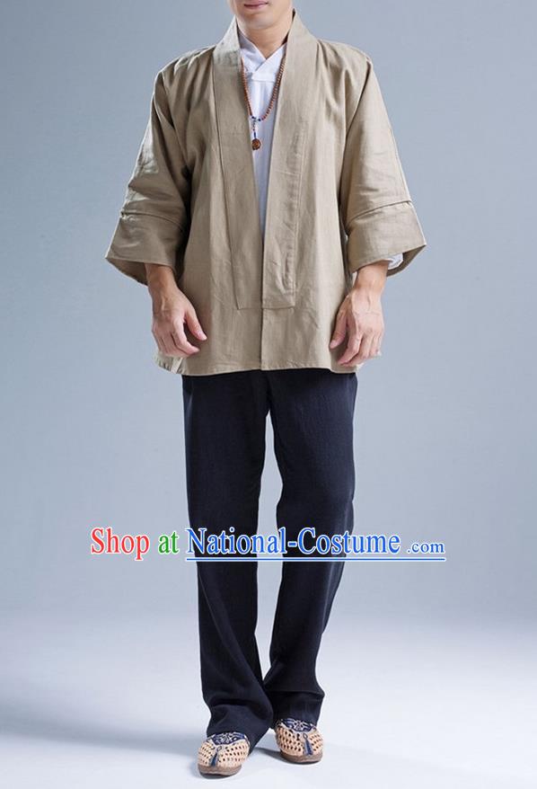 Traditional Top Chinese National Tang Suits Flax Frock Costume, Martial Arts Kung Fu Wheat Short Cardigan, Kung fu Unlined Upper Garment Zen Coat, Chinese Taichi Coats Wushu Clothing for Men