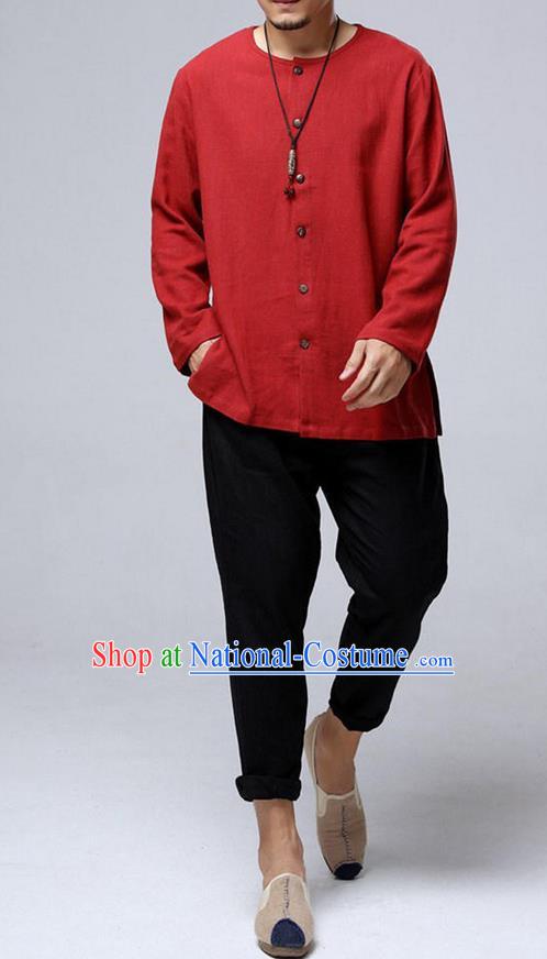 Traditional Top Chinese National Tang Suits Flax Frock Costume, Martial Arts Kung Fu Front Opening Red Blouse, Kung fu Unlined Upper Garment, Chinese Taichi Shirts Wushu Clothing for Men