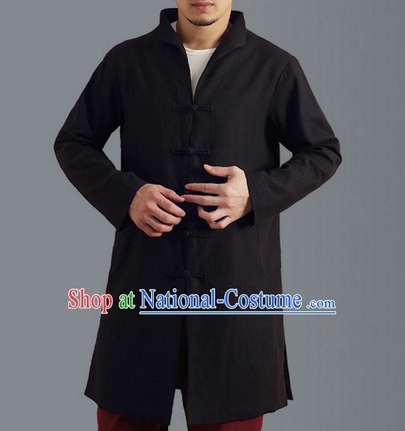 Traditional Top Chinese National Tang Suits Linen Frock Costume, Martial Arts Kung Fu Front Opening Stand Collar Black Coats, Kung fu Plate Buttons Side Slit Robes, Chinese Taichi Dust Coats Wushu Clothing for Men