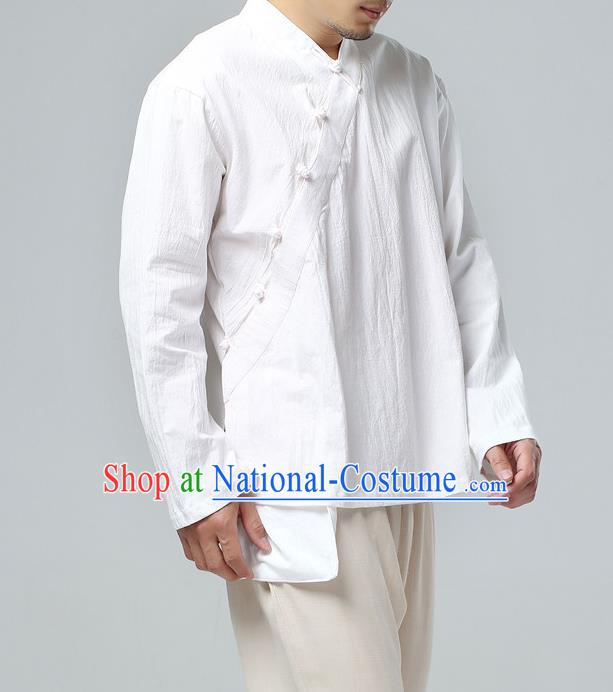 Traditional Top Chinese National Tang Suits Linen Frock Costume, Martial Arts Kung Fu Slant Opening Long Sleeve White Shirt, Kung fu Plate Buttons Upper Outer Garment Meditation Suit, Chinese Taichi Shirts Wushu Clothing for Men