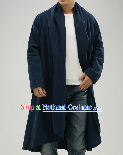 Traditional Top Chinese National Tang Suits Linen Frock Costume, Martial Arts Kung Fu Dark Navy Cardigan, Kung fu Upper Outer Garment Cloak, Chinese Taichi Dust Coats Wushu Clothing for Men