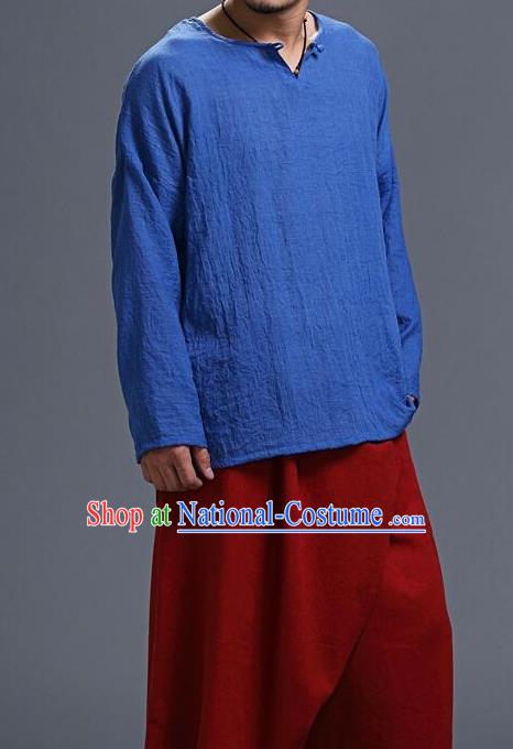 Traditional Top Chinese National Tang Suits Cotton Frock Costume, Martial Arts Kung Fu Long Sleeve Light Blue T-Shirt, Kung fu Unlined Upper Garment, Chinese Taichi Shirts Wushu Clothing for Men