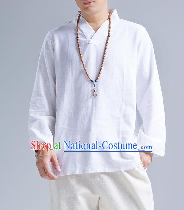 Traditional Top Chinese National Tang Suits Linen Frock Costume, Martial Arts Kung Fu Long Sleeve White Blouse, Kung fu Unlined Upper Garment Meditation Suit, Chinese Taichi Shirts Wushu Clothing for Men