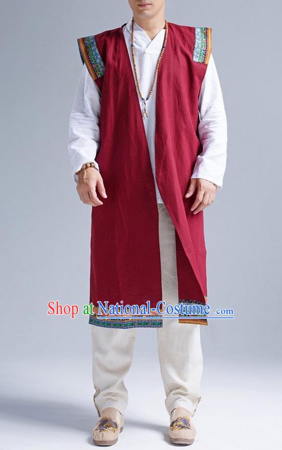 Traditional Top Chinese National Tang Suits Linen Frock Costume, Martial Arts Kung Fu Dark Red Embroidered Cardigan, Kung fu Unlined Upper Garment, Chinese Taichi Vest Coats Wushu Clothing for Men