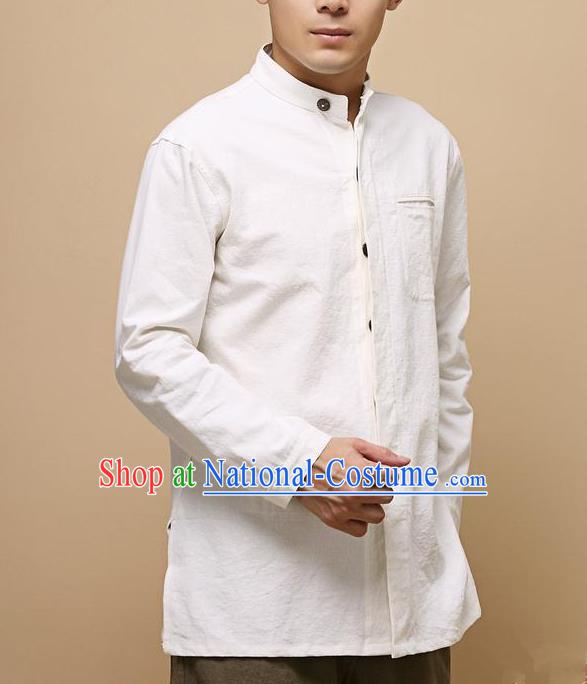 Traditional Top Chinese National Tang Suits Linen Frock Costume, Martial Arts Kung Fu Chinese Tunic Suit White Shirt, Sun Yat Sen Suit Thin Upper Outer Garment Blouse, Chinese Taichi Thin Shirts Wushu Clothing for Men