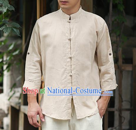 Traditional Top Chinese National Tang Suits Linen Frock Costume, Martial Arts Kung Fu Stand Collar Beige Shirt, Kung fu Plate Buttons Thin Upper Outer Garment Blouse, Chinese Taichi Thin Shirts Wushu Clothing for Men