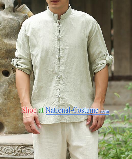 Traditional Top Chinese National Tang Suits Linen Frock Costume, Martial Arts Kung Fu Stand Collar Green Shirt, Kung fu Plate Buttons Thin Upper Outer Garment Blouse, Chinese Taichi Thin Shirts Wushu Clothing for Men