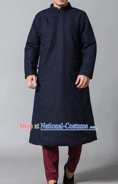 Traditional Top Chinese National Tang Suits Linen Frock Costume, Martial Arts Kung Fu Slant Opening Navy Hanfu Long Gown, Kung fu Plate Buttons Upper Outer Garment Coat, Chinese Taichi Cotton-Padded Robes Wushu Clothing for Men