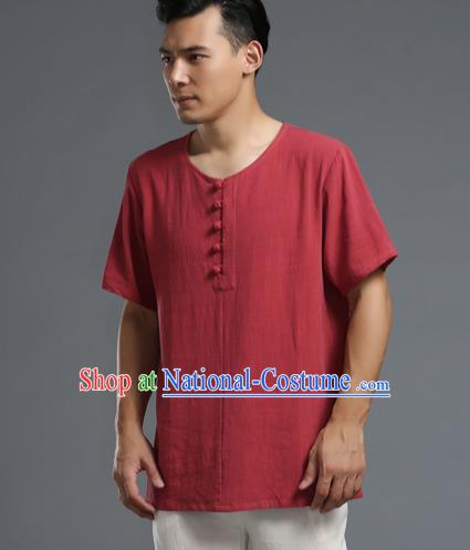 Traditional Top Chinese National Tang Suits Linen Frock Costume, Martial Arts Kung Fu Long Sleeve Dark Red T-Shirt, Kung fu Plate Buttons Upper Outer Garment Half Sleeve Blouse, Chinese Taichi Thin Shirts Wushu Clothing for Men