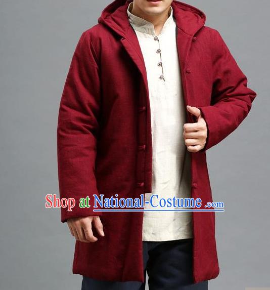 Traditional Top Chinese National Tang Suits Linen Costume, Martial Arts Kung Fu Front Opening Dark Red Hooded Coats, Chinese Kung fu Plate Buttons Jacket, Chinese Taichi Cotton-Padded Short Coats Wushu Clothing for Men