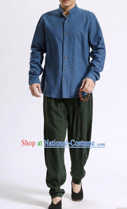 Traditional Top Chinese National Tang Suits Linen Costume, Martial Arts Kung Fu Stand Collar Deep Blue Shirt, Chinese Kung fu Coconut Buttons Thin Upper Outer Garment Blouse, Chinese Taichi Thin Shirts Wushu Clothing for Men