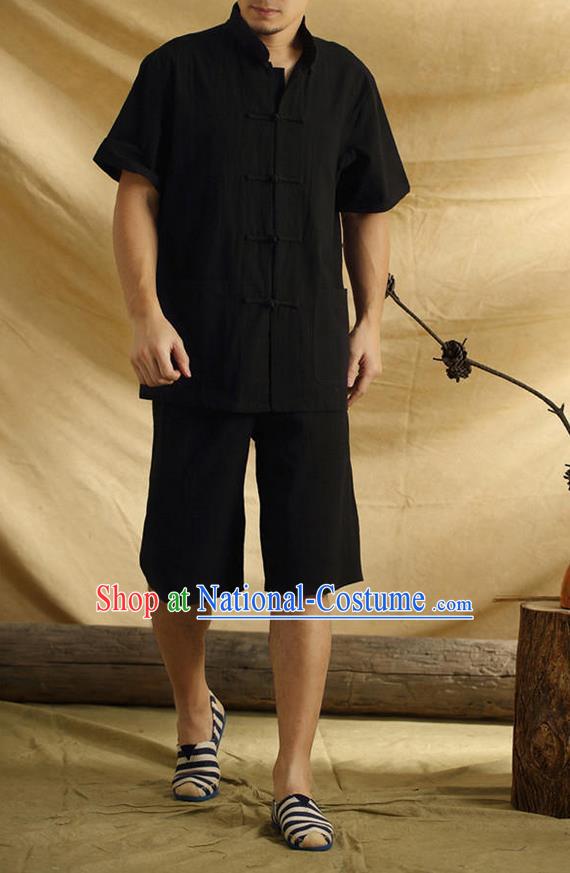 Traditional Top Chinese National Tang Suits Linen Front Opening Costume, Martial Arts Kung Fu Stand Collar Short Sleeve Black T-Shirt, Chinese Kung fu Plate Buttons Upper Outer Garment Blouse, Chinese Taichi Thin Shirts Wushu Clothing for Men