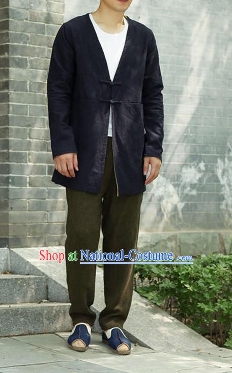 Traditional Top Chinese National Tang Suits Linen Costume, Martial Arts Kung Fu Plate Buttons Navy Overcoat, Chinese Kung fu Upper Outer Garment Dust Coat, Chinese Taichi Thin Short Cardigan Wushu Clothing for Men