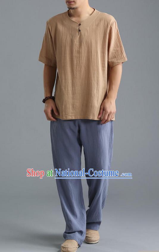 Traditional Top Chinese National Tang Suits Linen Costume, Martial Arts Kung Fu Short Sleeve Wheat Shirt, Chinese Kung fu Plate Buttons Upper Outer Garment Blouse, Chinese Taichi Thin Shirts Wushu Clothing for Men