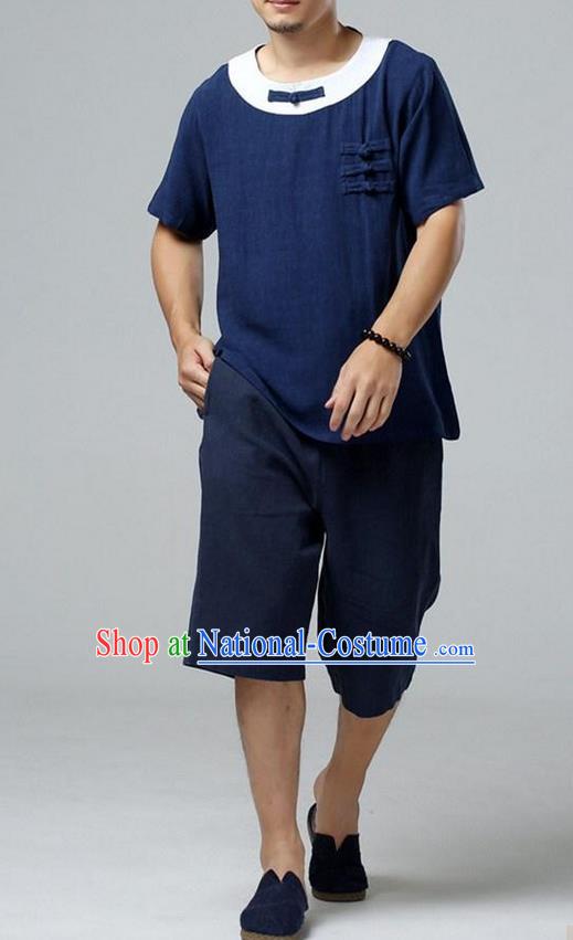 Traditional Top Chinese National Tang Suits Linen Costume, Martial Arts Kung Fu Short Sleeve Navy Gored Shirt, Chinese Kung fu Plate Buttons Upper Outer Garment Blouse, Chinese Taichi Thin Shirts Wushu Clothing for Men