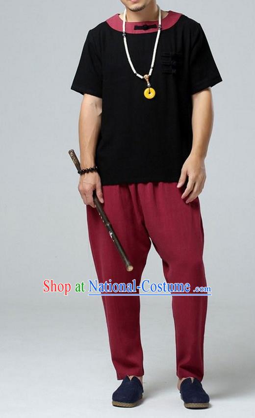 Traditional Top Chinese National Tang Suits Linen Costume, Martial Arts Kung Fu Short Sleeve Black Gored Shirt, Chinese Kung fu Plate Buttons Upper Outer Garment Blouse, Chinese Taichi Thin Shirts Wushu Clothing for Men