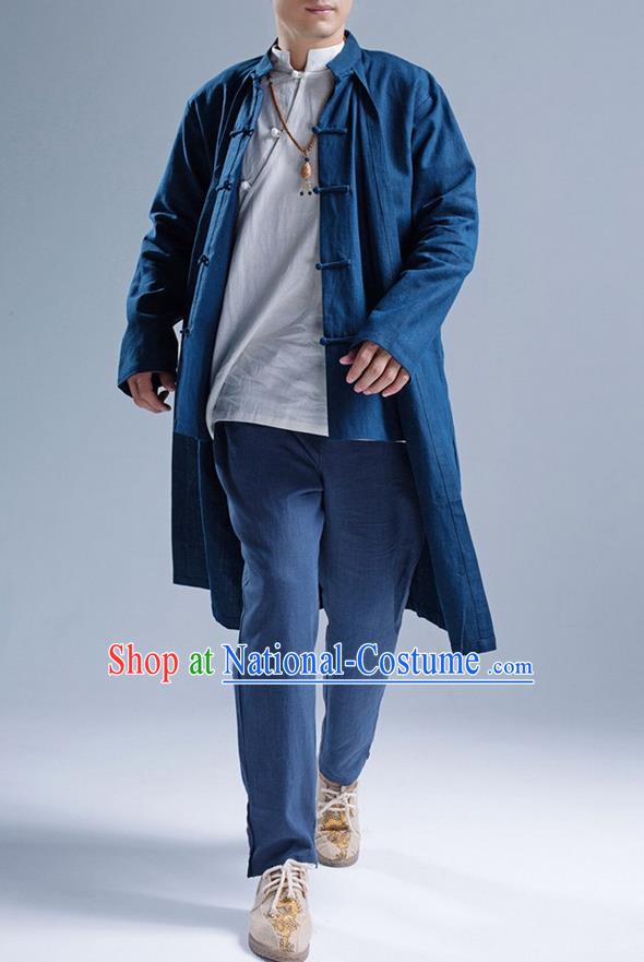 Traditional Top Chinese National Tang Suits Linen Front Opening Costume, Martial Arts Kung Fu Navy Coats, Chinese Kung fu Plate Buttons Upper Outer Garment Overcoat, Chinese Taichi Dust Coat Wushu Clothing for Men