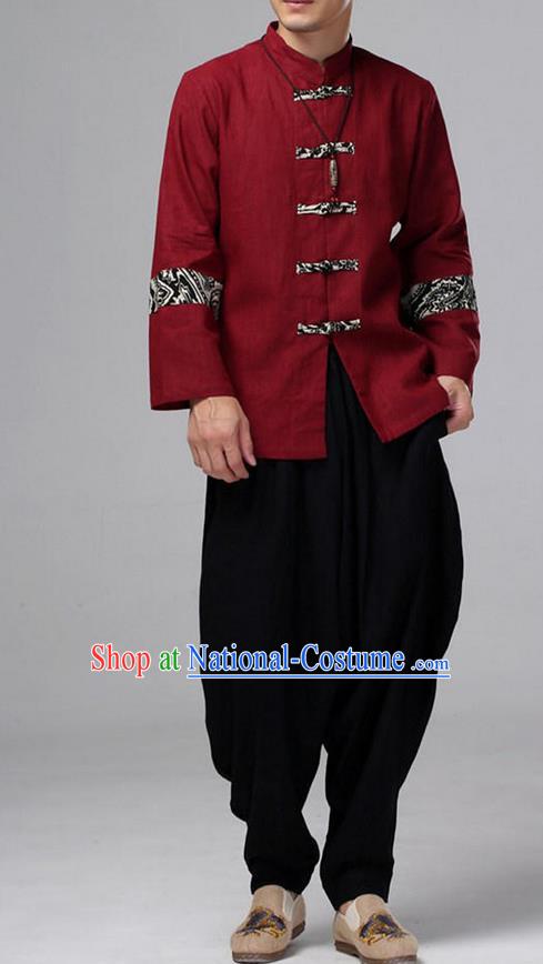 Traditional Top Chinese National Tang Suits Linen Front Opening Costume, Martial Arts Kung Fu Pattern Red Overcoat, Kung fu Plate Buttons Thin Upper Outer Garment Jacket, Chinese Taichi Thin Coats Wushu Clothing for Men