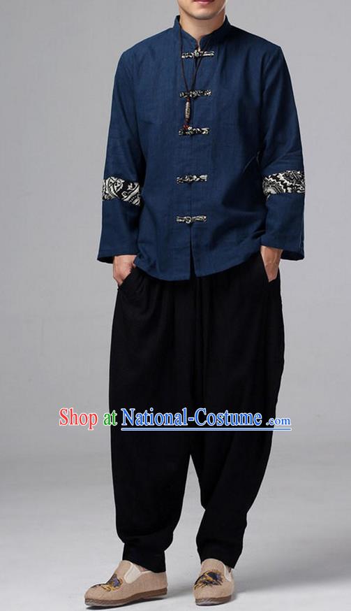 Traditional Top Chinese National Tang Suits Linen Front Opening Costume, Martial Arts Kung Fu Pattern Navy Overcoat, Kung fu Plate Buttons Thin Upper Outer Garment Jacket, Chinese Taichi Thin Coats Wushu Clothing for Men