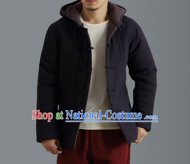 Traditional Top Chinese National Tang Suits Linen Front Opening Costume, Martial Arts Kung Fu Reversible Coffee-Navy Overcoat, Chinese Kung fu Plate Buttons Thin Upper Outer Garment Jacket, Chinese Taichi Thin Cotton-Padded Coats Wushu Clothing for Men