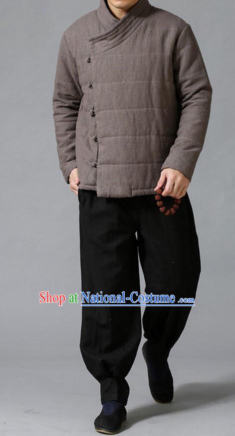 Traditional Top Chinese National Tang Suits Linen Slant Opening Costume, Martial Arts Kung Fu Brown Overcoat, Chinese Kung fu Plate Buttons Upper Outer Garment Jacket, Chinese Taichi Thin Cotton-Padded Coats Wushu Clothing for Men