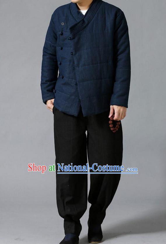 Traditional Top Chinese National Tang Suits Linen Slant Opening Costume, Martial Arts Kung Fu Navy Overcoat, Chinese Kung fu Plate Buttons Upper Outer Garment Jacket, Chinese Taichi Thin Cotton-Padded Coats Wushu Clothing for Men