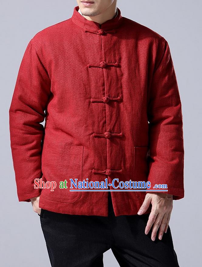 Traditional Top Chinese National Tang Suits Linen Front Opening Costume, Martial Arts Kung Fu Red Overcoat, Chinese Kung fu Plate Buttons Upper Outer Garment Jacket, Chinese Taichi Thin Cotton-Padded Coats Wushu Clothing for Men