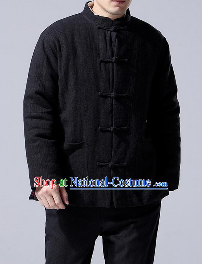 Traditional Top Chinese National Tang Suits Linen Front Opening Costume, Martial Arts Kung Fu Black Overcoat, Chinese Kung fu Plate Buttons Upper Outer Garment Jacket, Chinese Taichi Thin Cotton-Padded Coats Wushu Clothing for Men