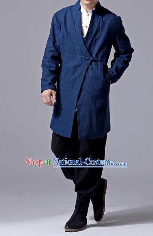 Traditional Top Chinese National Tang Suits Linen Slant Opening Costume, Martial Arts Kung Fu Navy Overcoat, Chinese Kung fu Plate Buttons Upper Outer Garment Jacket, Chinese Taichi Thin Dust Coats Wushu Clothing for Men